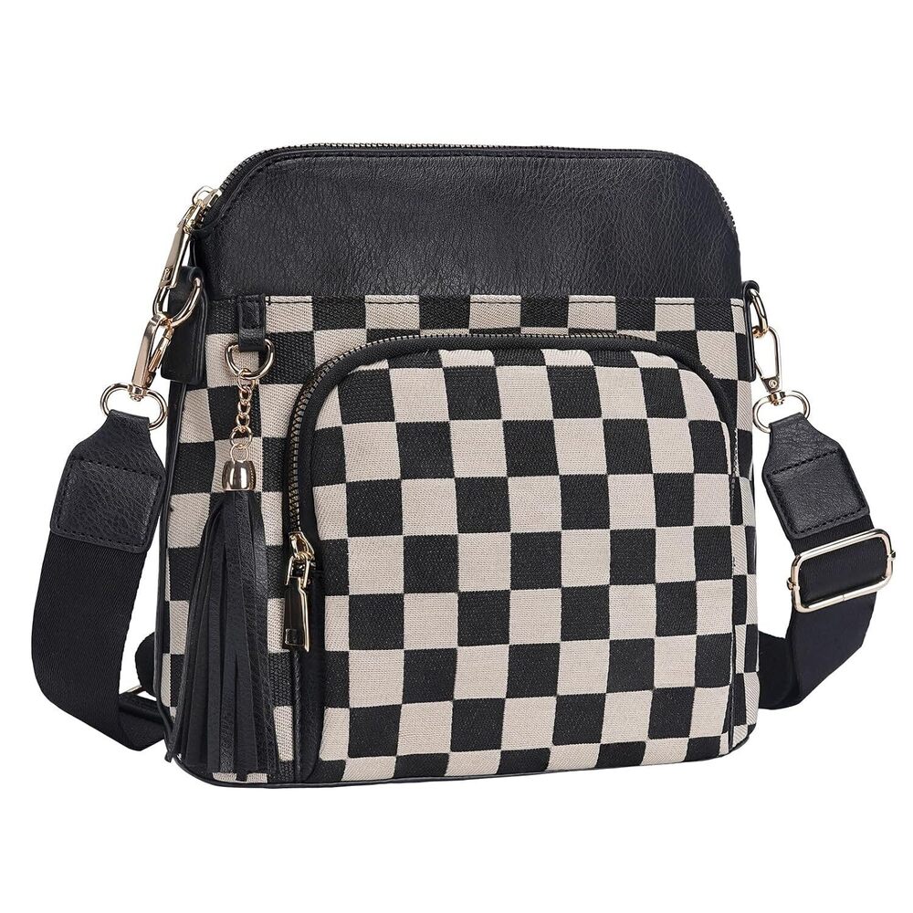 Checkered Crossbody Bag for Women, Checkered Purse with Leather Tassel,Plaid